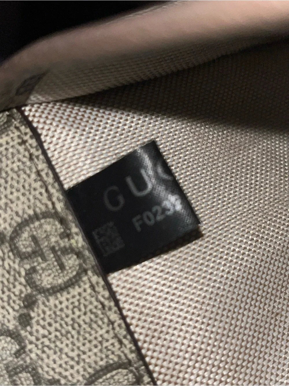 Gucci Beige Monogram Canvas Brown Leather Oval Logo Patch with Gold Lettering